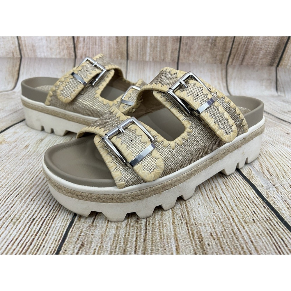 Shu Shop Slide Sandal Laura 8.5 Gold Woven Platform Open Toe Chunky Comfort Boho - Picture 2 of 8